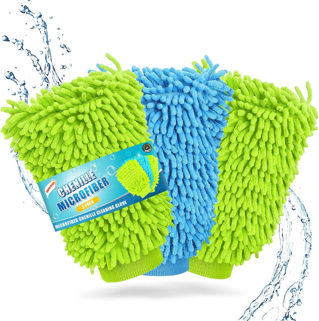 3 Pack Microfibre Car Wash Mitt, Super-Cleaning & Streak-Free Wash Mitt for Car Washing, Safer than Sponges & Rags, Reusable Dusting Gloves, Effectively Removes Dirt, Leaving a Showroom Shine