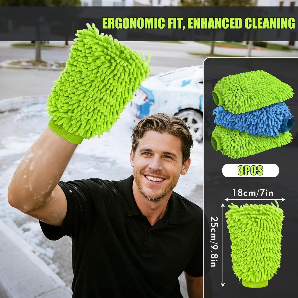 3 Pack Microfibre Car Wash Mitt, Super-Cleaning & Streak-Free Wash Mitt for Car Washing, Safer than Sponges & Rags, Reusable Dusting Gloves, Effectively Removes Dirt, Leaving a Showroom Shine