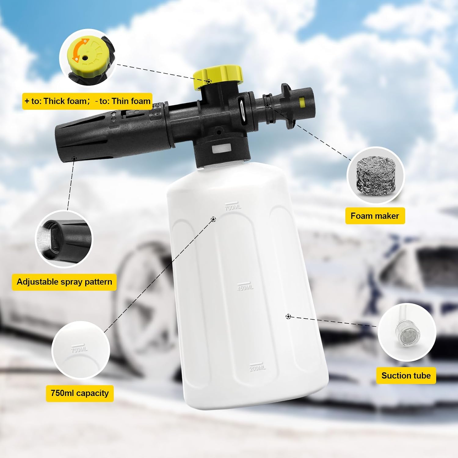 Snow Foam Lance 750Ml Pressure Washer Foam Cannon with Adjustable Nozzle, 180Bar Soap Dispenser PE Bottle Compatible with Karcher K-Serie K2 K3 K4 K5 K6 K7 Jet Washer for Car Cleaning