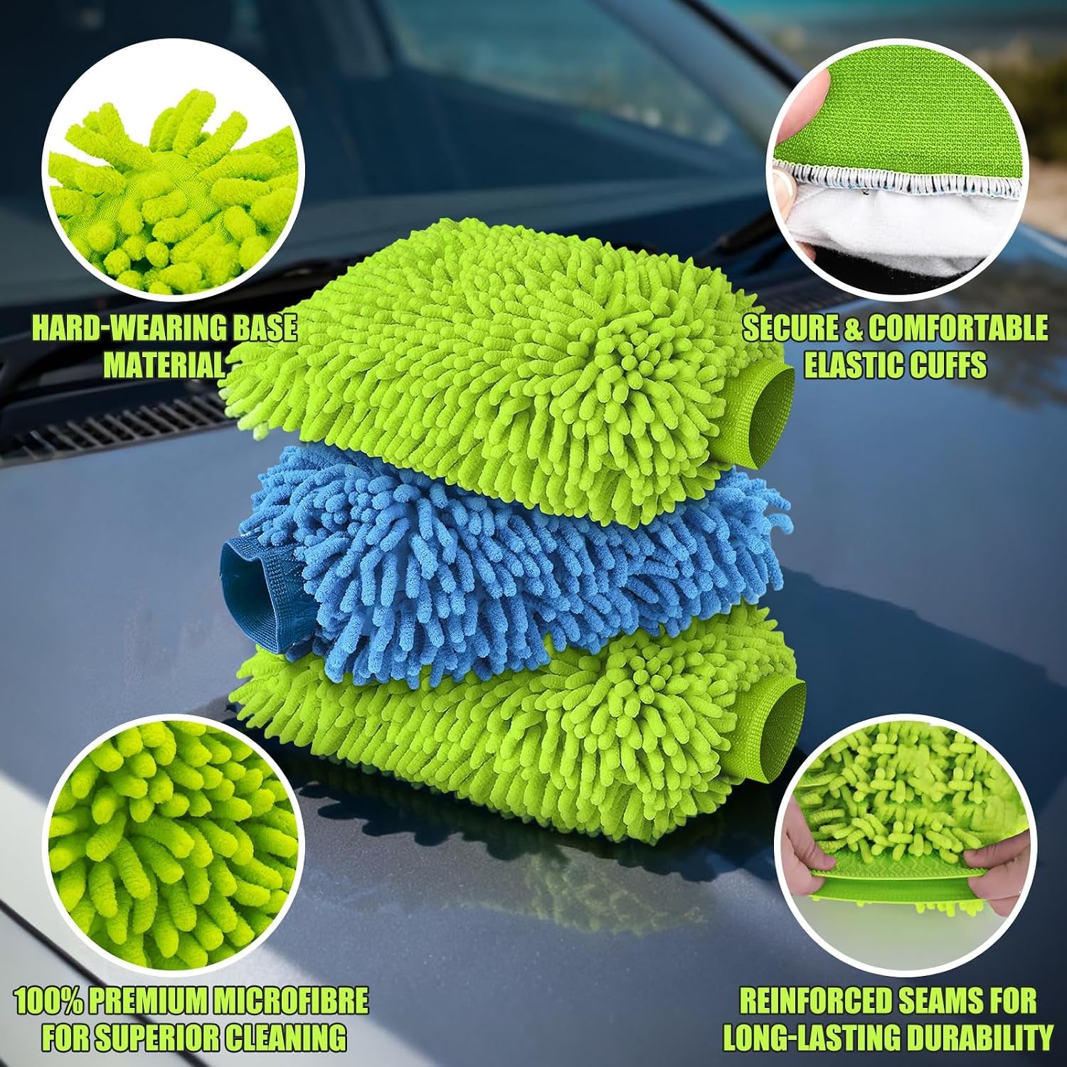 3 Pack Microfibre Car Wash Mitt, Super-Cleaning & Streak-Free Wash Mitt for Car Washing, Safer than Sponges & Rags, Reusable Dusting Gloves, Effectively Removes Dirt, Leaving a Showroom Shine